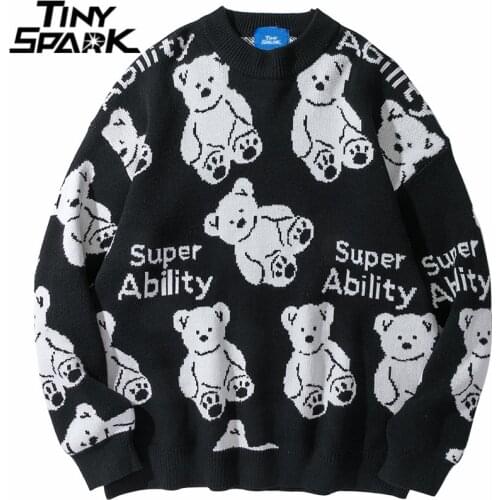 Men Hip Hop Streetwear Harajuku Sweater Letter Funny Bear Print Knitted Sweater 2021 Autumn Cotton Pullover Black Red Sweater