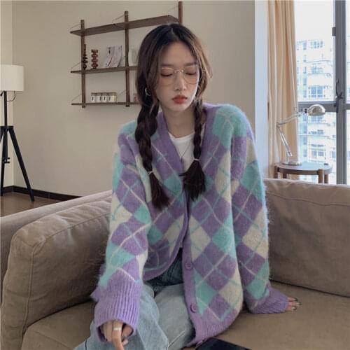 WYWM 2021winter New Knit Female Cardigan Loose Streetwear Knit Diamond Sweater Coat V Neck Knitted Cardigan Women Jacket
