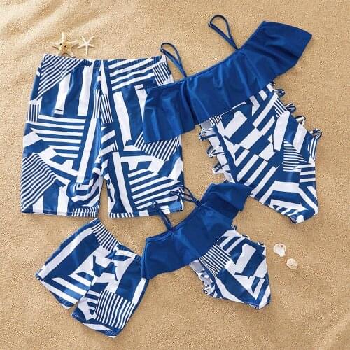 New Sale Summer Navy Geometric Pattern Family Matching Swimsuits One-Piece Family Look Swimwear Sets Family Swimwear