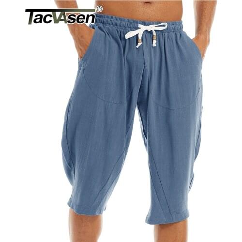 TACVASEN Casual Linen Capri Long Shorts Loose Fit Mens Cotton Linen Harem Shorts Below Knee Baggy Capri Yoga Fitness 3/4 Pants