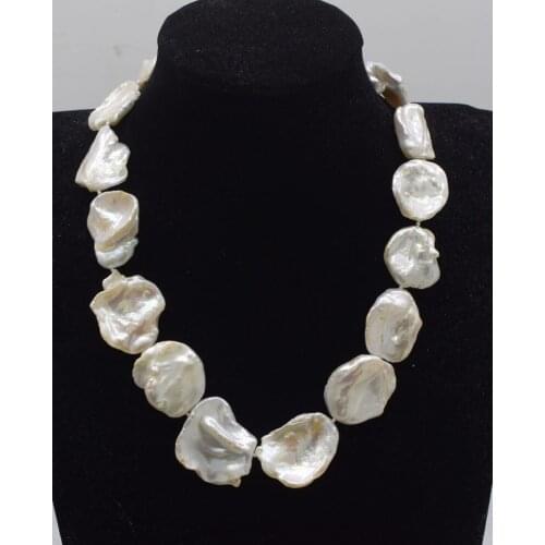 Freshwater pearl white reborn keshi flat baroque 17inch 25-30mm necklace FPPJ wholesale beads amazing