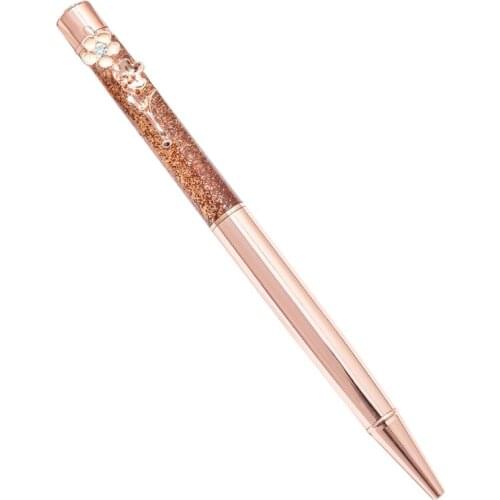 Liquid Quicksand Ballpoint Pen with Flower Decoration Metal Oil Pen Stationery P9YA