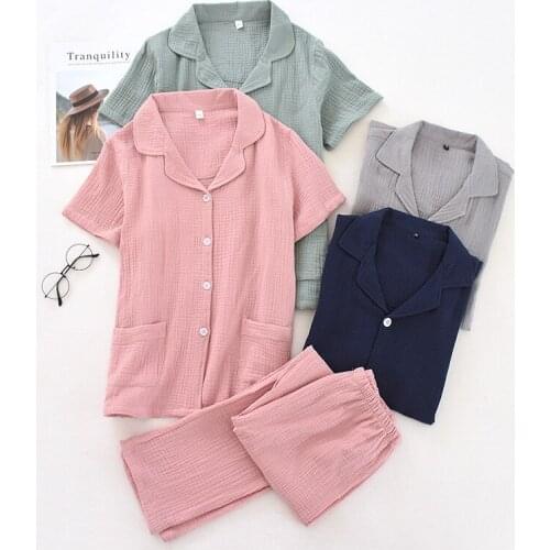 Spring Short-Sleeve Full Length Pajamas Men and Women Solid Cotton Crepe Turn-down Collar Pyjamas Loungewear Couple Sleepwear