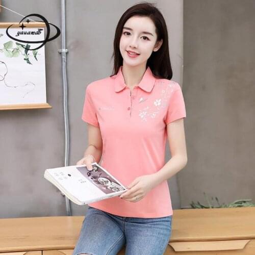Yauamdb Women Polo Shirts Summer M-4xl Female Tops Tees Solid Printing Clothing Short Sleeve Slim Fashion Ladies Clothes Ly69