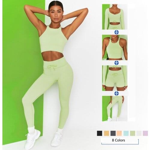 Womens Yoga Set Sportswear Workout Clothes Athletic Wear Sports Gym Legging Seamless Fitness Bra Crop Top Long Sleeve Yoga Suit