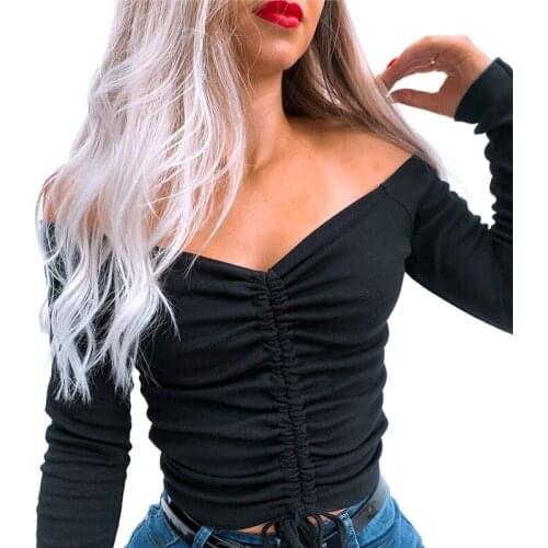 Women Sexy Long Sleeve Off Shoulder Top Fashion Drawstring Solid Color Top for Women Ladies