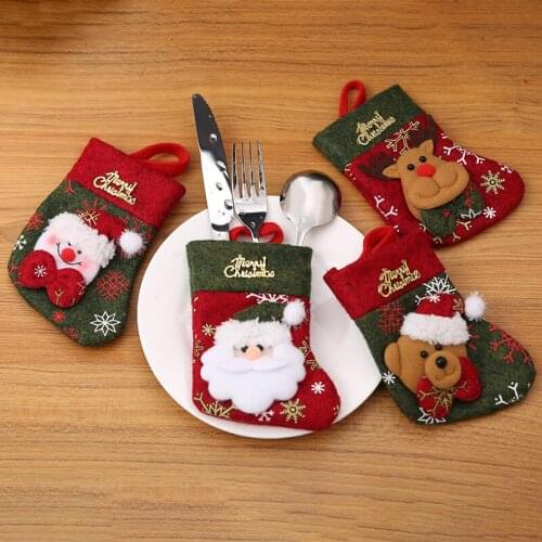 1PC Santa Hat Reindeer Christmas New Year Pocket Fork Knife Cutlery Holder Bag Home Party Table Dinner Decoration Tableware