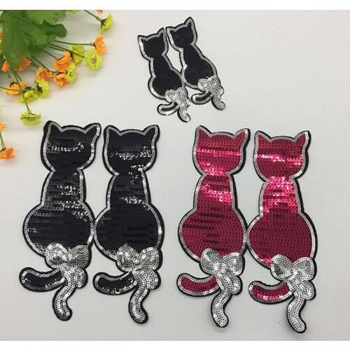 Couple Of Cats Sew On Iron On Patches DIY Embroidered Applique Bling Bling Cats for Decoration Clothing Accessory Stickers