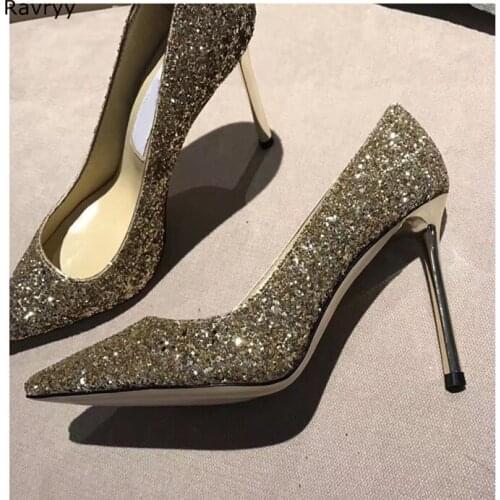 2018 bling bling bride wedding shoes paillette golden high heels pointed toe woman shoes feamle spring fashion single shoe