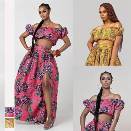 2021 Summer African Dresses for Women Floral Print Dashiki Bazin Ladies Clothes Sexy Shoulder Off Robe Africaine Bohemia Skirt