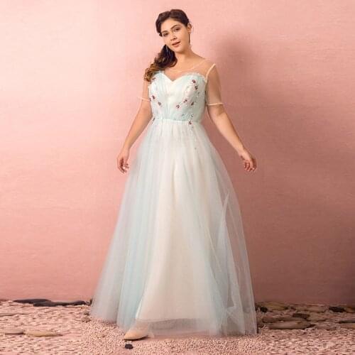 Appliques A-Line Evening Dress Lace Up Sequins Floor-Length Tulle Pleat Short Sleeves Fashion Plus Size Women Formal Gowns D782