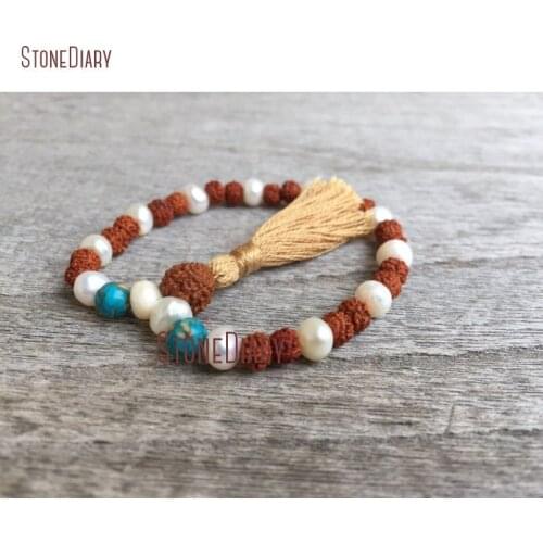 Freshwater Pearl & Rudraksha 36 Bead Third Mala Bracelet Mosaic Turquoises Japa Mantra Meditation Prayer Bracelet BM11047