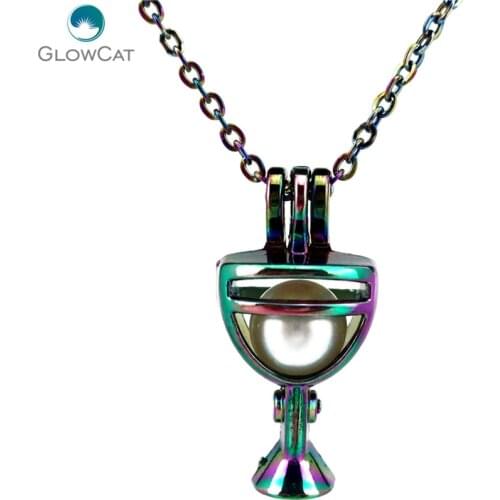 C613 COLORS Wine Glass Pearl Cage Trophy Winner Locket Necklace Pendant Aroma Essential Oil Diffuser Locket Necklace