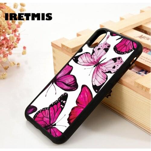 Iretmis 5 5S SE 6 6S TPU Silicone Rubber phone case cover for iPhone 7 8 plus X Xs 11 Pro Max XR Pink Butterflies