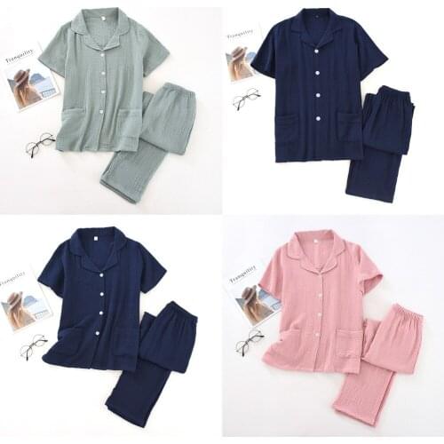 Japanese Spring and Summer Couples 100% Cotton Crepe Short-sleeved Trousers Suit Men Pajamas Home Service Women Pink Pajama Set