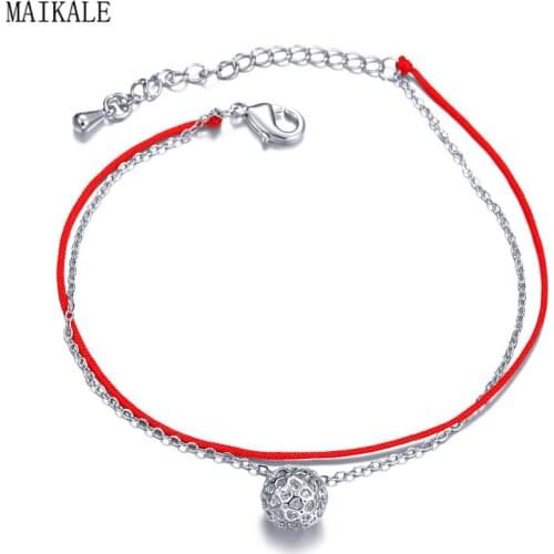 MAIKALE Simple Red Rope Charm Bracelet Ball Cubic Zirconia Bead String Bangles Bracelets for Women Lucky Jewelry