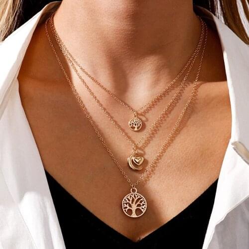 Fashion Multilayer Necklace Women Hollow Tree of Life Pendant Necklace Collar Bohemian trendy Neck Chain Choker Collier Jewelry