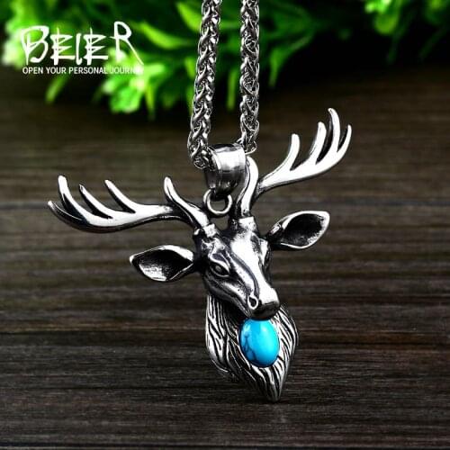 BEIER new store New Viking Deer Head Animal Ring Green Stone Mens Ring High Quality Jewelry Gift LLBP8-446P