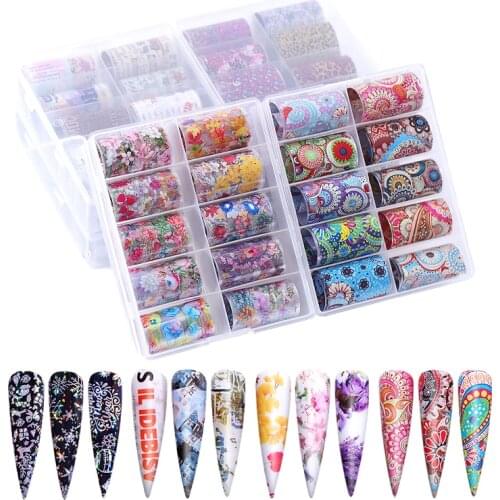 10Pcs Holographic Nail Foil Set Leopard Flowers Fashion Letters Transfer Nail Art Sticker Laser Foils Manicure Decorations Decor