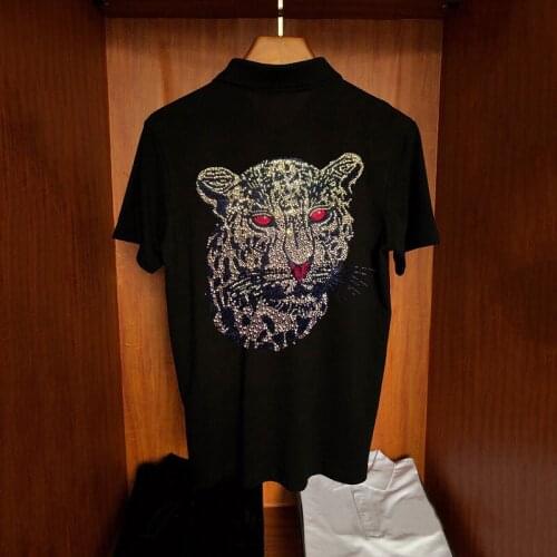 New Street Plus Size M-5XL Star Business Youth Luxury Mens Loose Polo Shirt Leopard Hot Rhinestone Personality Short Sleeve