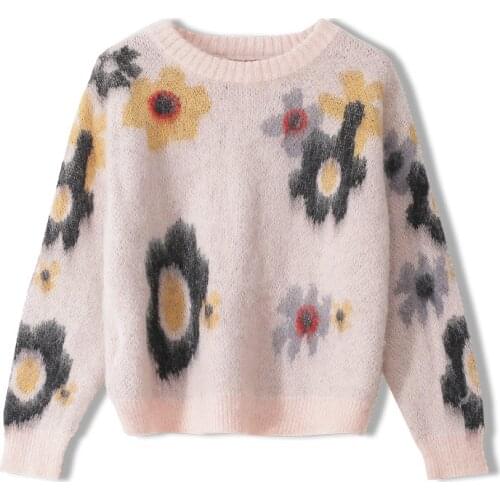 Autumn Winter Pullovers Sweater Women Mohair Knitting Color Block Flower Patterns Jacquard Long Sleeve Casual Soft Knitwear