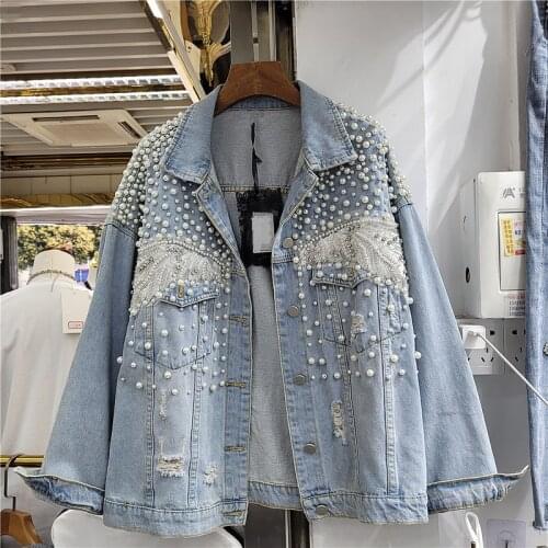 Autumn Fashion Denim Jacket Women Loose Casual Long Sleeve Short Outerwear Heavy Work Beading Diamonds Holes Jeans Jacket Female