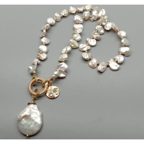 YYGEM Romantic style natural Top-Drilled Cultured White Keshi Pearl choker Necklace Coin Pearl Charm pendant 18" for women