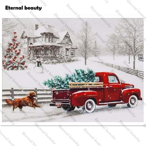 Christmas Decoration Diamond Painting Snow Scenery Cross Stitch Kits 5D Full Drill Red Truck Crystal Diamond Embroidery Handmade