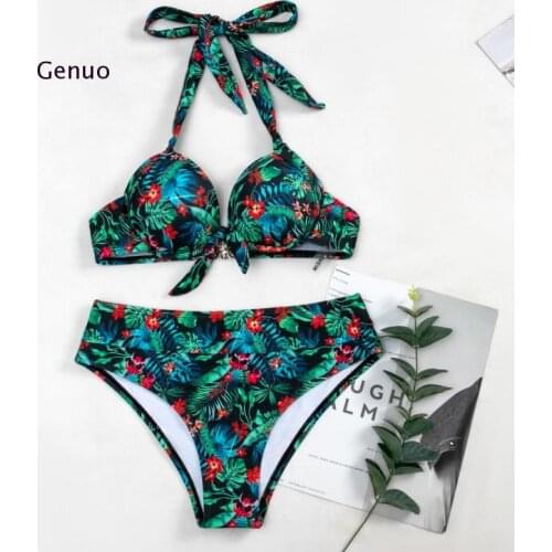 Sexy High Waist Bikini 2021 Halter Swimsuit Female Ruffle Bathing Suit Retro Floral Print Swimwear Women Bathers