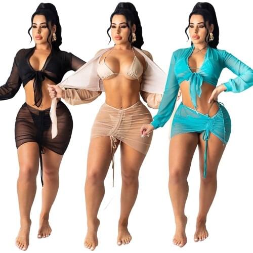 Sexy Mesh Lace Up Swimsuit Skirt Sets 4pcs/sets Long Sleeve Crop Top and Drawstring Mini Skirts Women Summer Clothing Swimwear