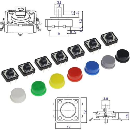 Tactile Push Button Switch Momentary 12*12*7.3MM Micro Switch Button + 5 Colors Tact Cap for DIY Kit