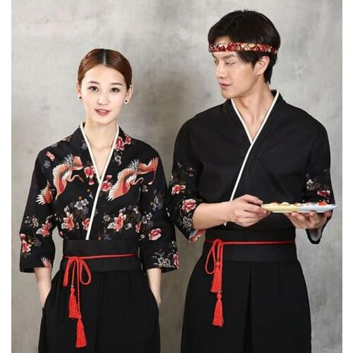 Japanese Chef uniform Cook Service Top Japanese Sushi Crane Print Chef Service top