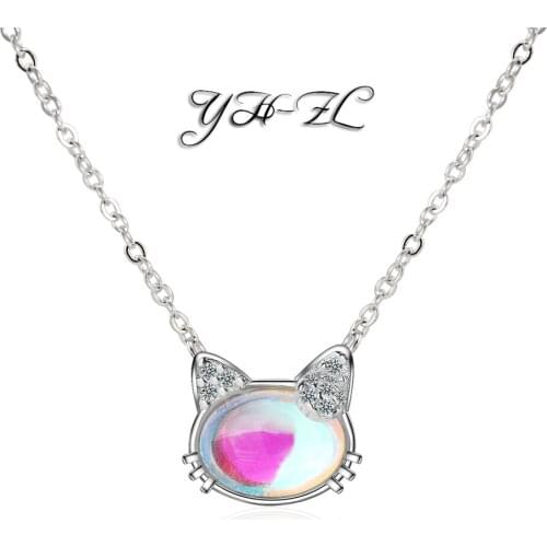 YH-ZL 925 Sterling Silver Pink Moon Light Stone Cat Pendant Neckace For Women Gift 43cm Chain collares kolye