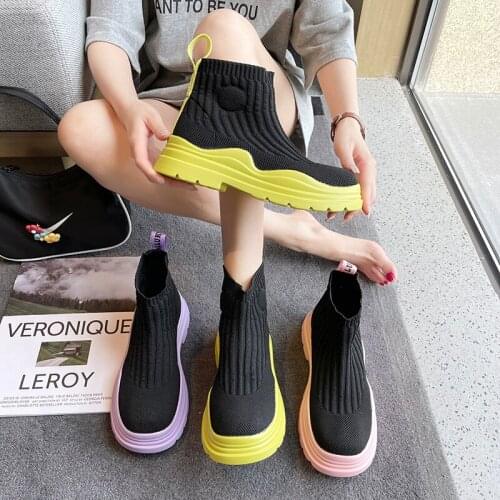Socks shoes womens summer thin high-top shoes 2021 new platform womens sneakers elastic color bottom Martin short boots