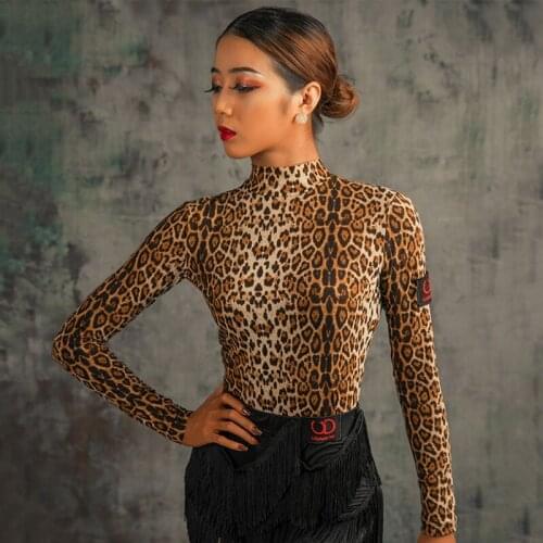 Latin Dance Tops Women Rumba Cha Cha Samba Salsa Dancing Shirts Practice Clothing High Collar Long Sleeve Leopard Print UA219