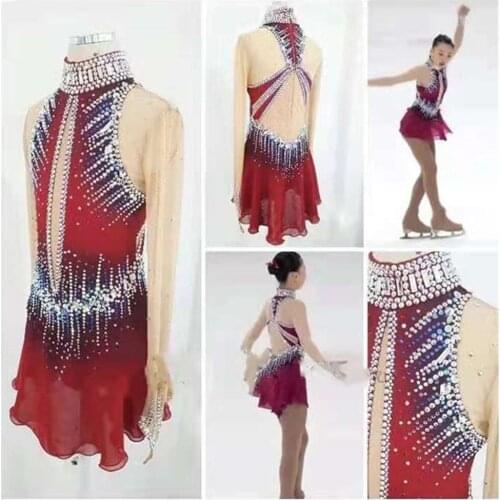 LIUHUO Womens Girls' Costume Performance Rhythmic Gymnastics Ballet Competition Leotard Figure Skating Dress Dance Red Ice Kid