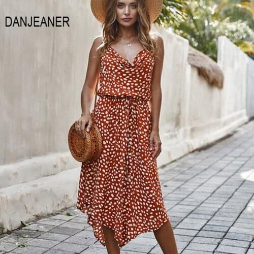DANJEANER Retro Polka Dot Spaghetti Strap Beach Dress Women V Neck Backless Asymmetrical Summer Dress 2020 Slim Fit Streetwear