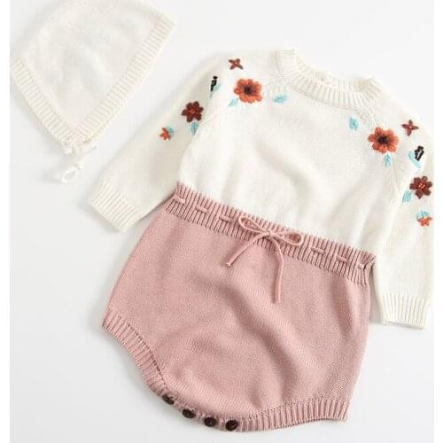 Baby Girls Clothes Knitted Hand-embroidered 2pcs sets Clothes Jumpsuit+hat Long Sleeve Autumn Winter Jumpsuit Toddler Clothes