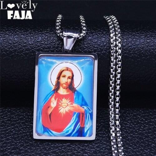 2021 Catholic Jesus Heart Stainless Steel Long Chain Necklace Men/Women Silver Color Jewelry acero inoxidable joyeria N5215S03