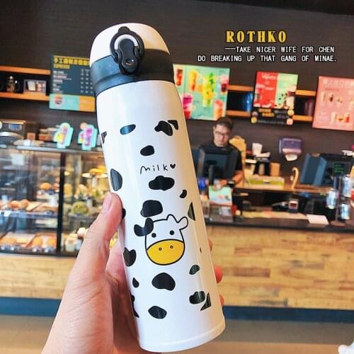 350ml Cute Cow Thermos Cup Action Figure Printed Lovely Cartoon Thermos Cups Portable Mug Children Stainless Steel Water Bottle