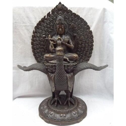 Fast shipping USPS to USA S1849 19" Chinese Pure Bronze 4 Arms Kwan-Yin GuanYin King Ride Peacock Phenix Statue