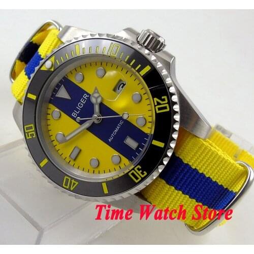 Bliger 40mm yellow blue dial saphire glass date magnifier Ceramic Bezel nylon strap Automatic movement Mens watch BL131