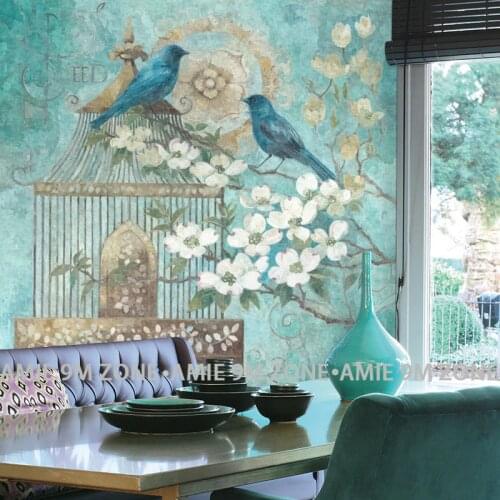 Cutom vintage 3D turquoise color flowers and birds mural on the wall wholesale for home wall wall decoration free shipping