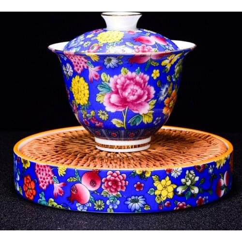 Flower Tea Tureen Lid Bowl Saucer Hand Painted Enamel Gaiwan Traditional Ceramic Big Tea Bowl Teacup Luxury Tea Cup Best Gifts