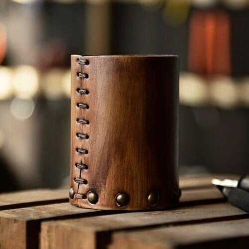 Retro Handmade Cowhide Pen Holder Desk Study Creative Pencil Barrel Student Desktop Decoration Stationery Storage Tube Supplies