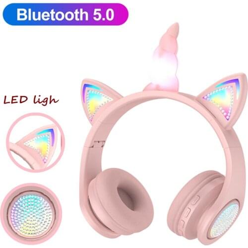 Kids Unicorn Headset With Mic Cute Bluetooth Wireless Headphone Stereo Music LED Light Game Earphones for Girl Smartphone