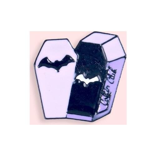 Creative Cartoon Purple Coffin Metal Enamel Brooch Fashion Dark Bat Halloween Badge Unique Lapel Backpack Jewelry Gift for Kids