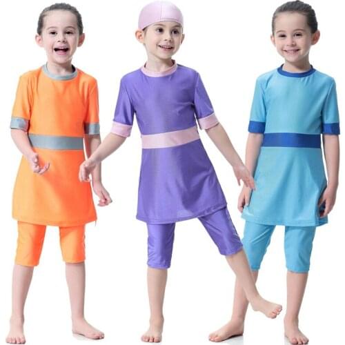 3pc Muslim swimwear Islamic Girls Swimsuit childrenTraditional Short Sleeve Swimsuits Islam Beach Swimming Diving Suits Burkinis