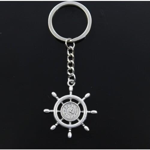Hot Fashion Rudder Helm Anchor Ship Clock 40x35mm Pendant 30mm Key Ring Chain Silver Color Men Car Gift Keychain Dropshipping