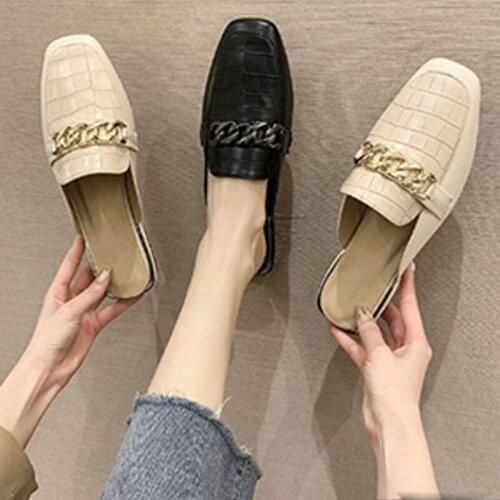 2021 New Women Slides Square Toe Female Slippers Chain Mules Ladies Shoes Spring Autumn Fashion Footwear Plus Size Woman Sandals